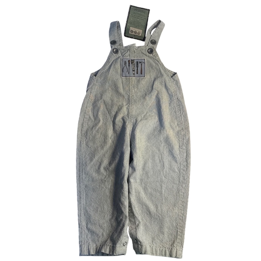 New Vtg 90s Tumbleweed Hickory Stripe Toolset Patch Overalls 12m boy USA made